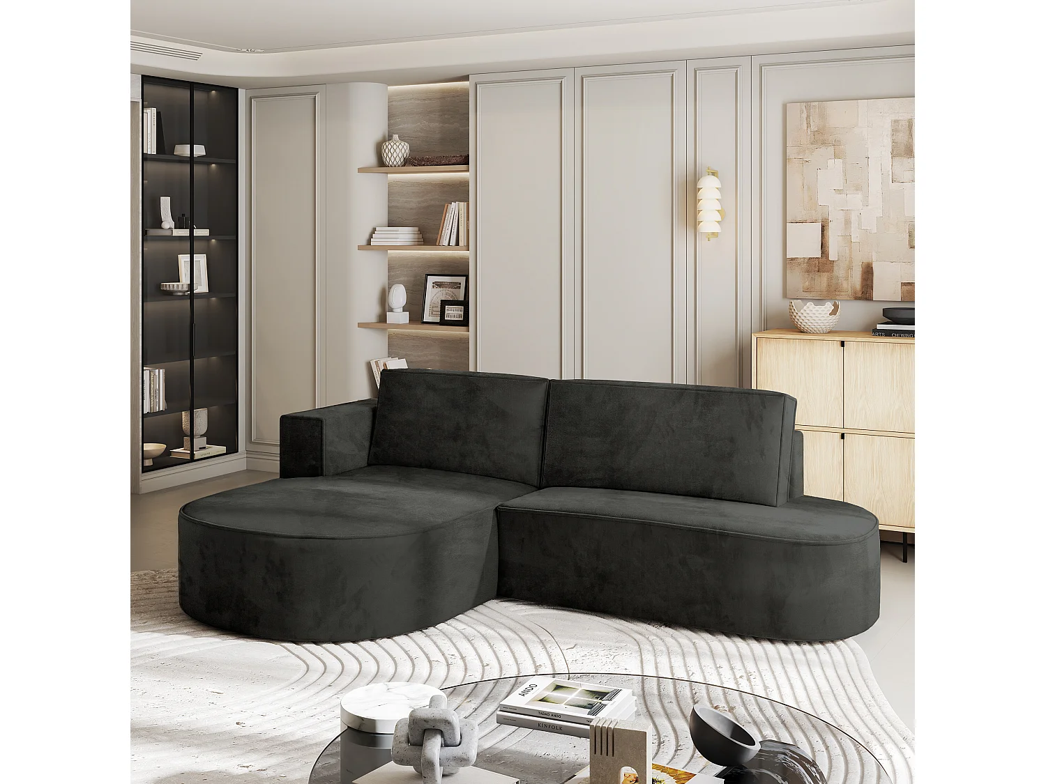 Canapé d'angle CORTIO Noir en velours avec fonction de couchage