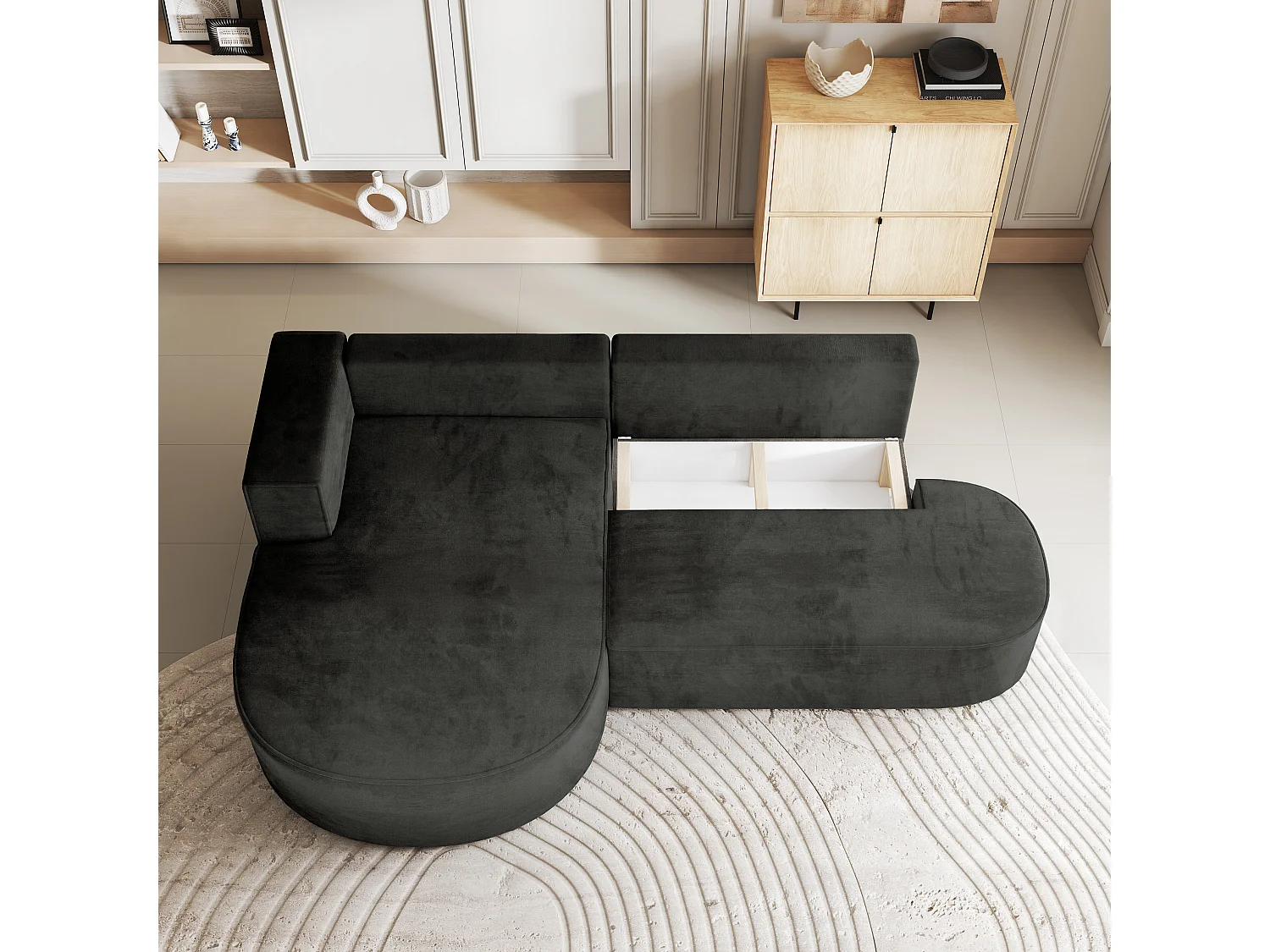 Canapé d'angle CORTIO Noir en velours avec fonction de couchage