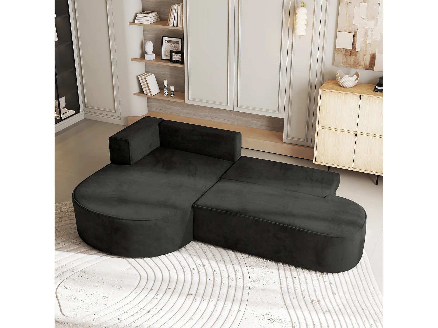 Canapé d'angle CORTIO Noir en velours avec fonction de couchage
