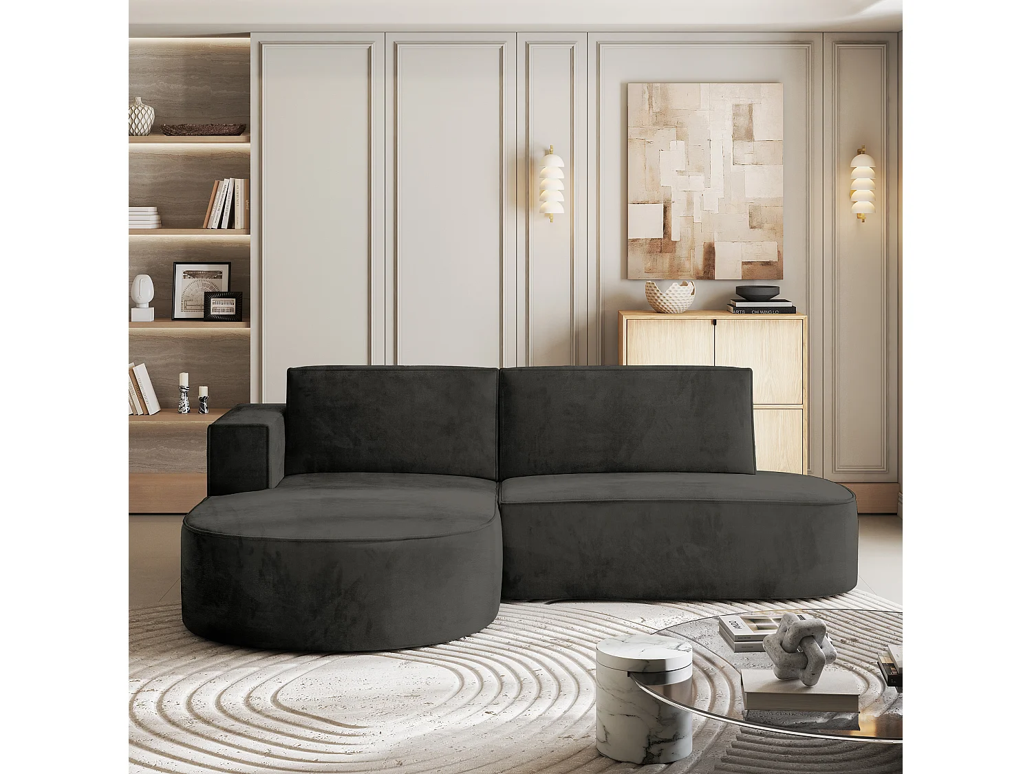 Canapé d'angle CORTIO Noir en velours avec fonction de couchage