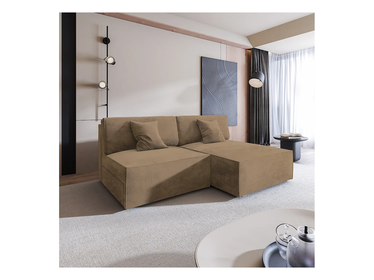 Canapé d'angle FIORO Beige en velours avec fonction de couchage