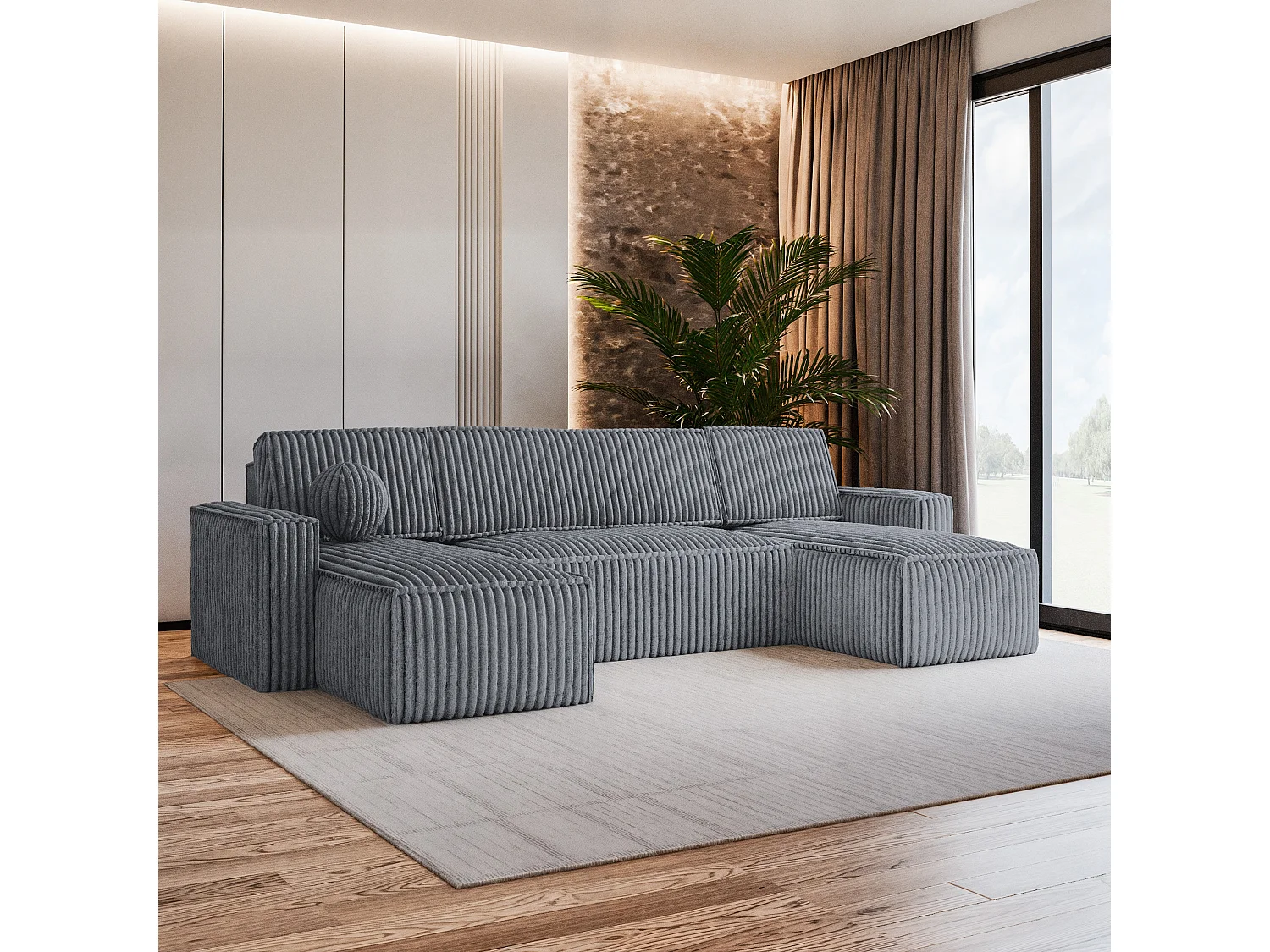 Canapé d'angle PESANO Gris en velours côtelé avec fonction de couchage