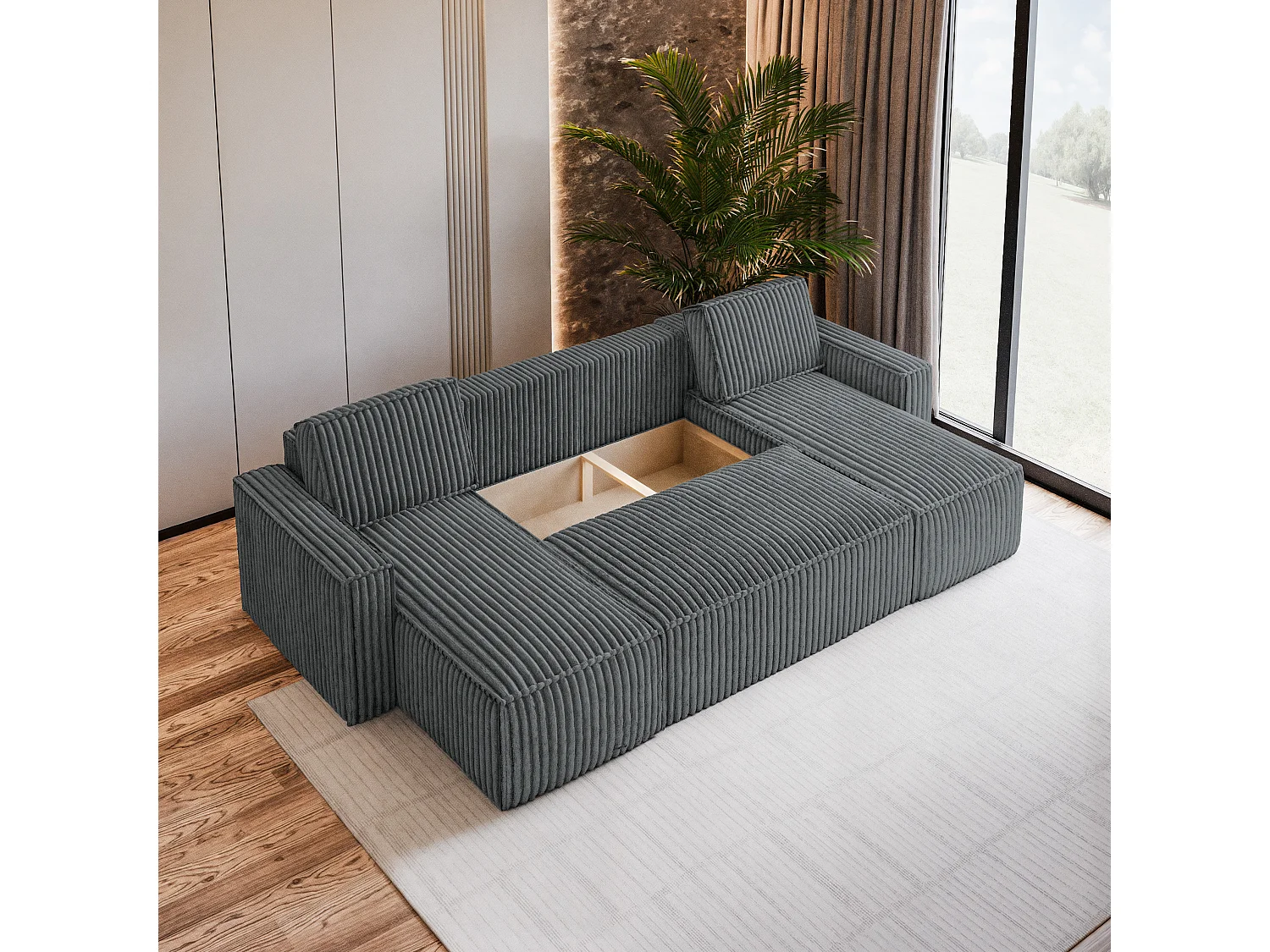 Canapé d'angle PESANO Gris en velours côtelé avec fonction de couchage