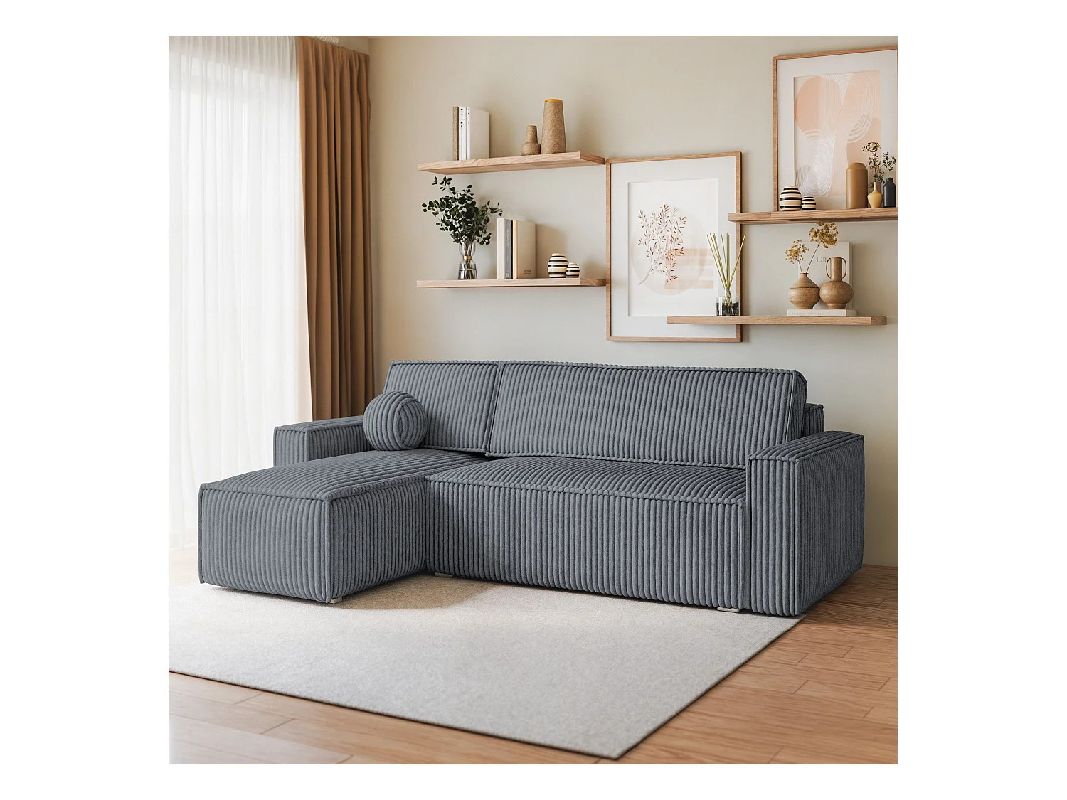 Canapé d'angle RAVELO Gris en velours côtelé avec fonction de couchage