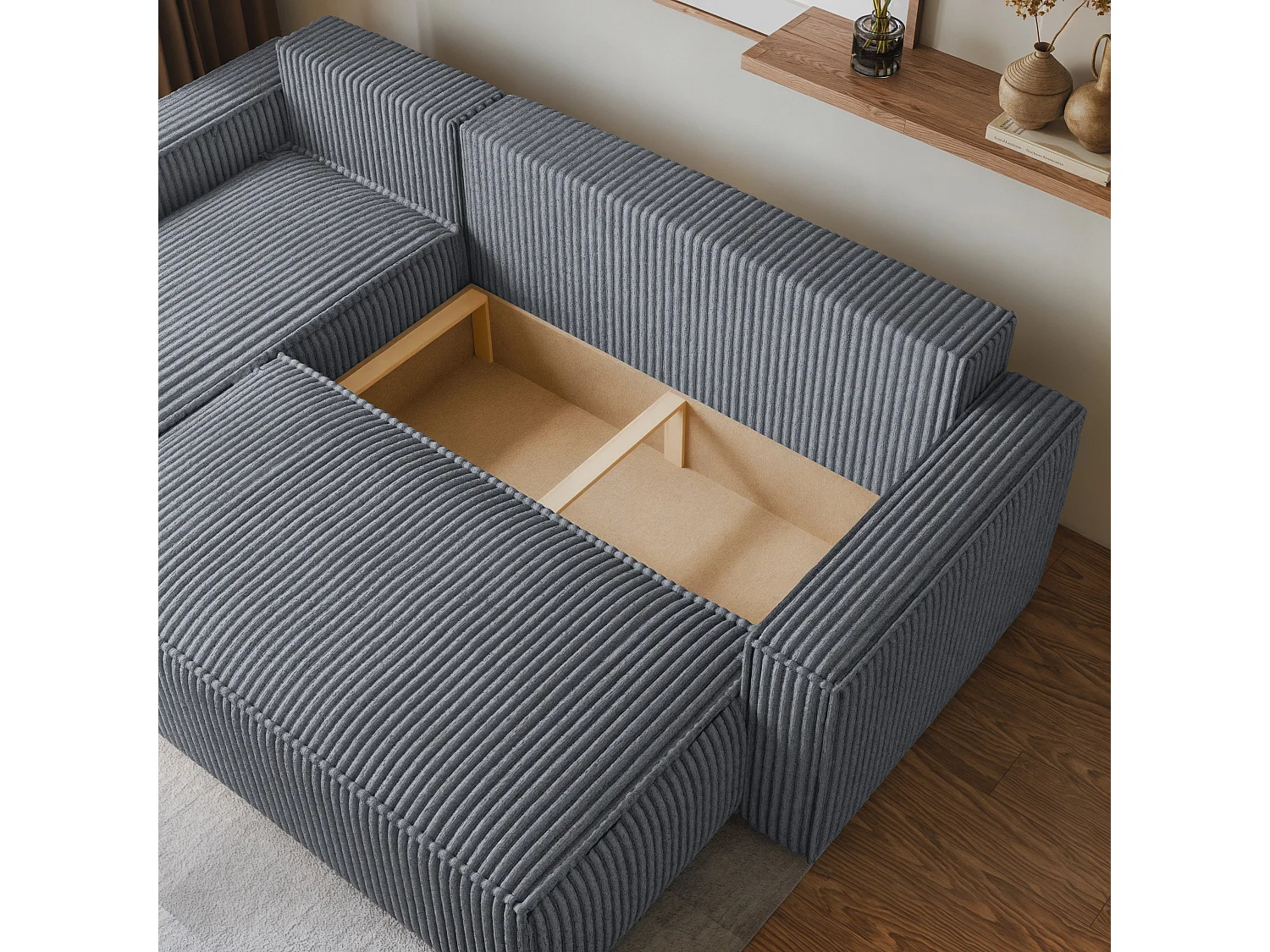 Canapé d'angle RAVELO Gris en velours côtelé avec fonction de couchage