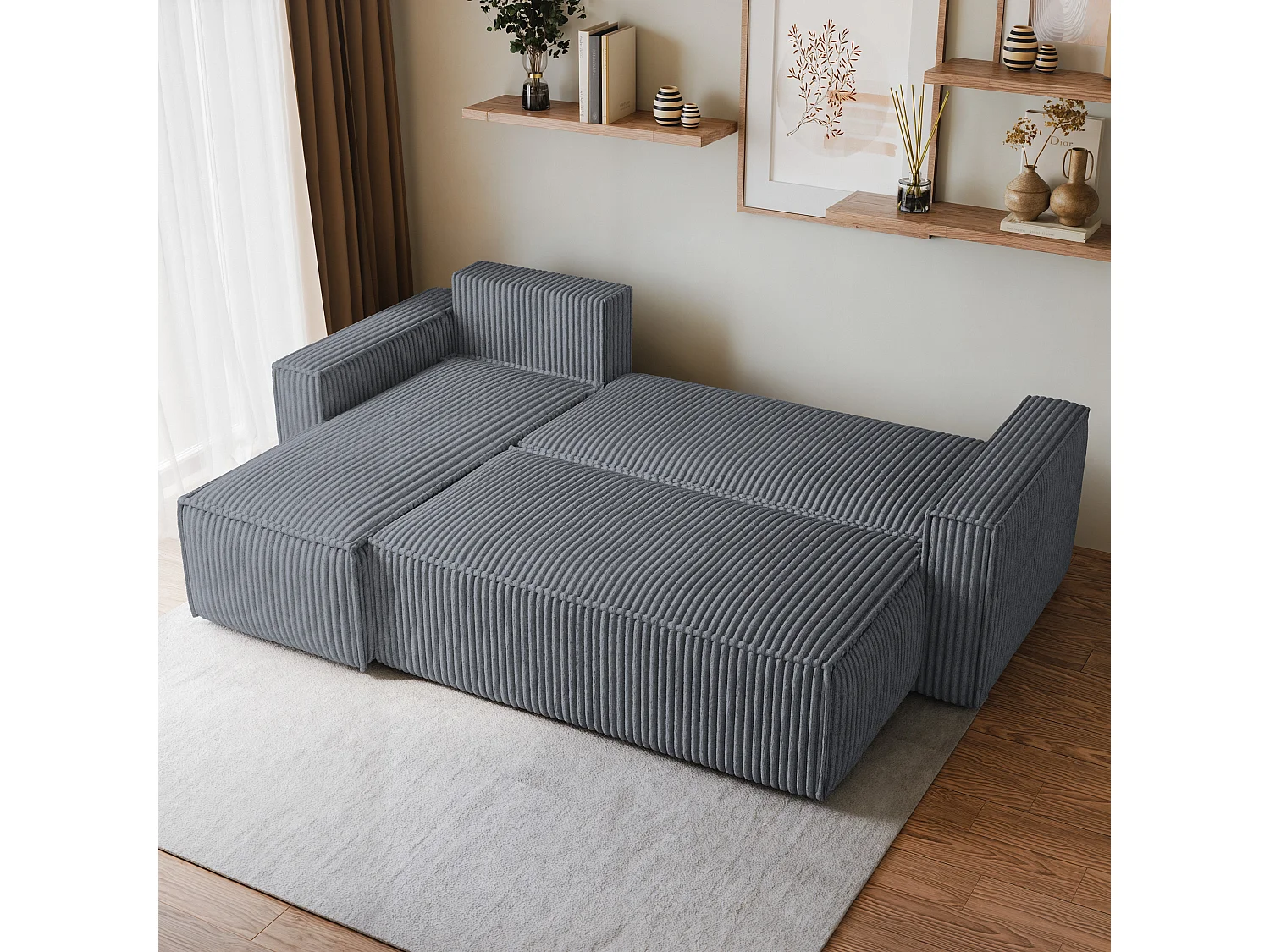 Canapé d'angle RAVELO Gris en velours côtelé avec fonction de couchage