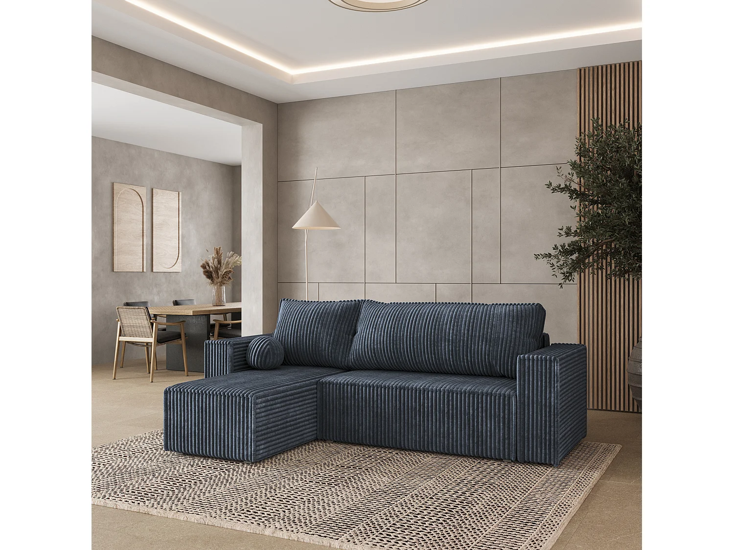 Canapé d'angle RAVELO Gris en velours côtelé avec fonction de couchage