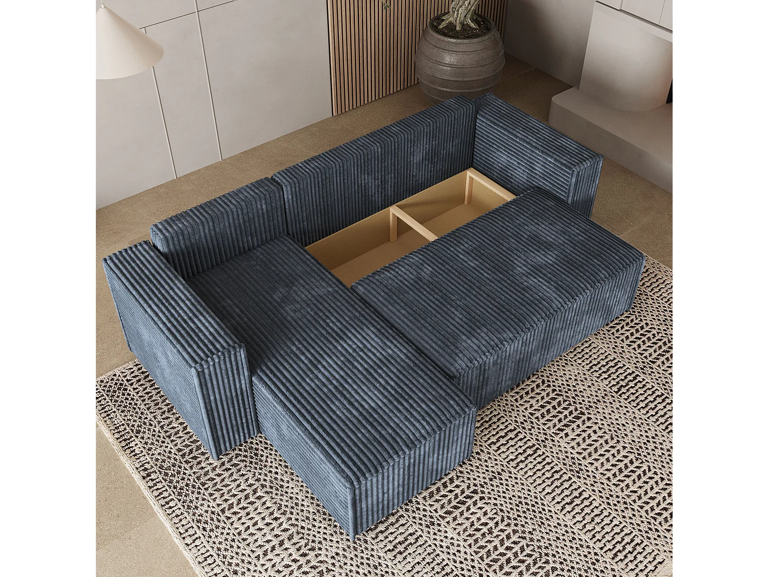 Canapé d'angle RAVELO Gris en velours côtelé avec fonction de couchage
