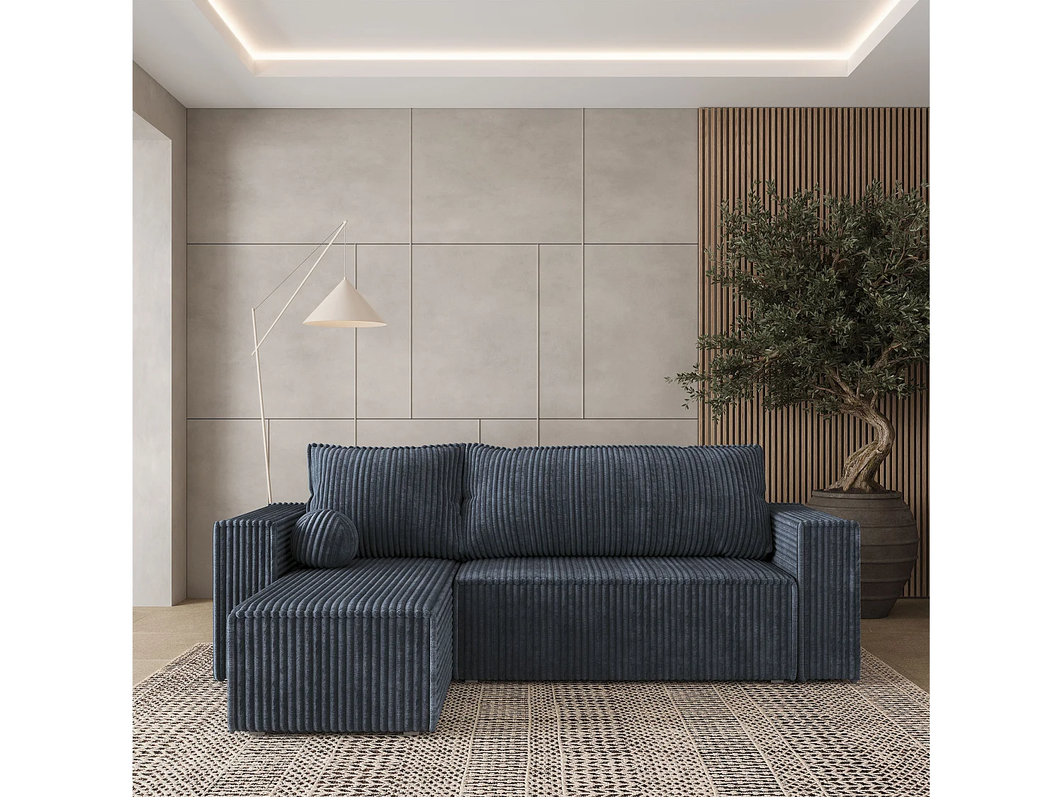 Canapé d'angle RAVELO Gris en velours côtelé avec fonction de couchage