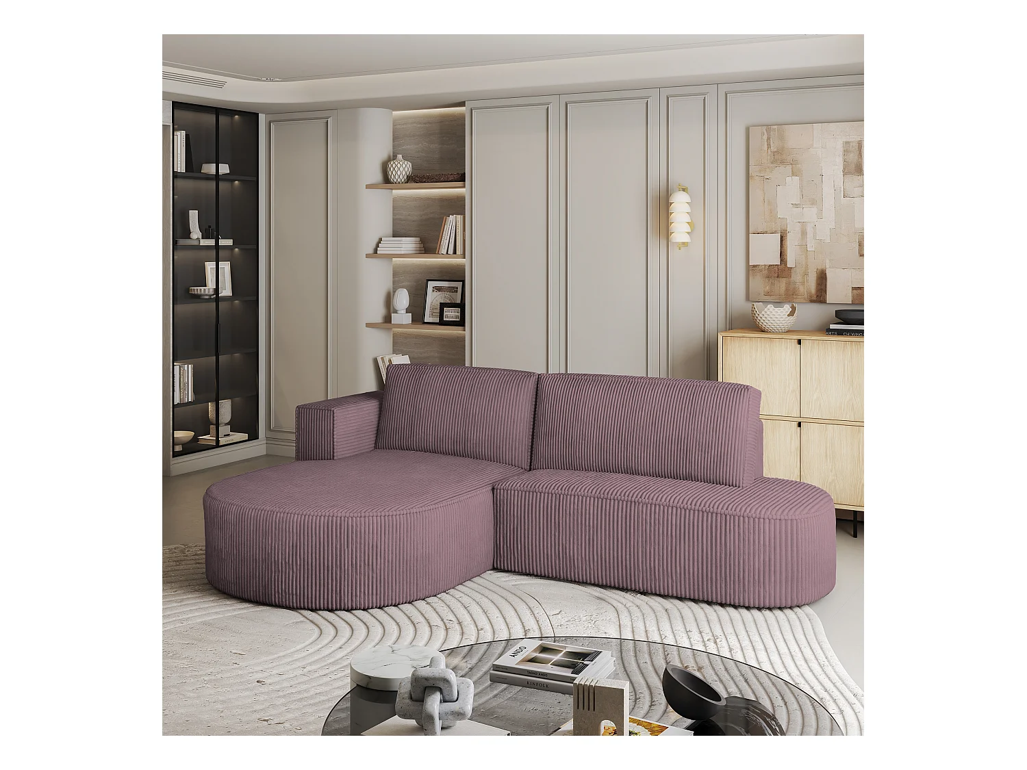 Canapé d'angle CORTIO Parme en velours côtelé avec fonction de couchage