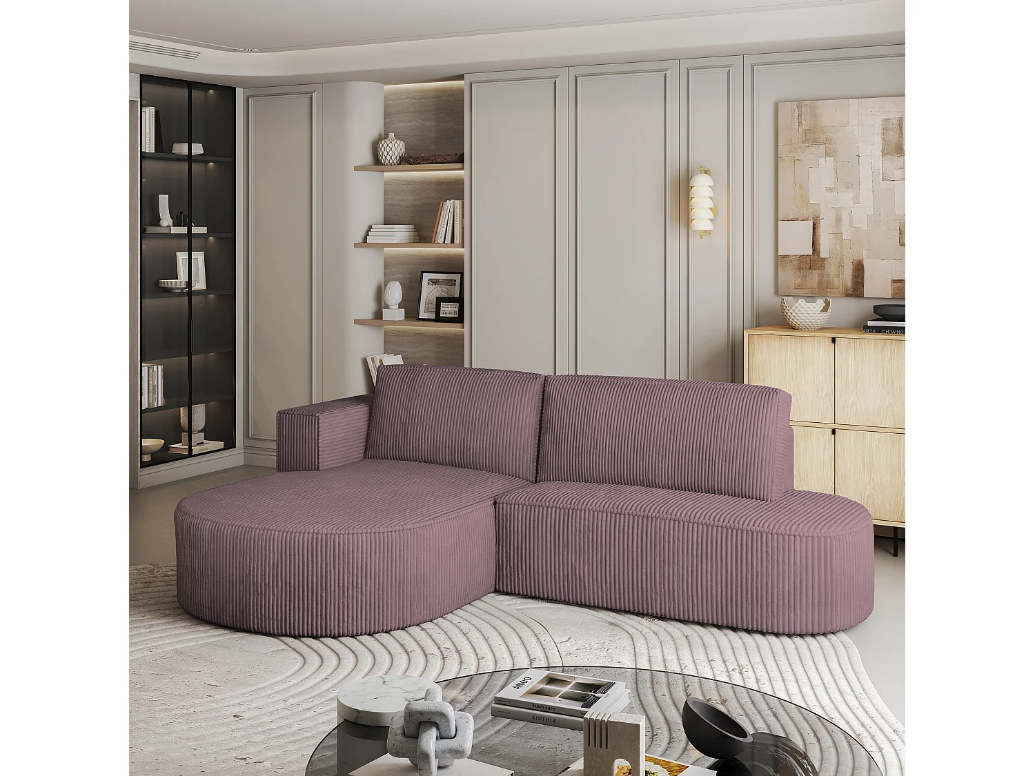 Canapé d'angle CORTIO Parme en velours côtelé avec fonction de couchage