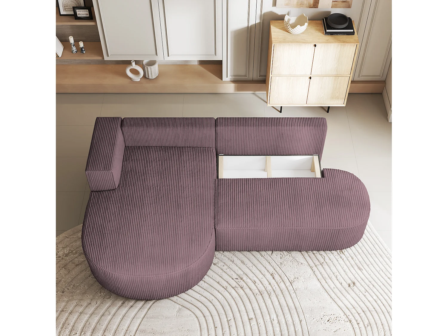 Canapé d'angle CORTIO Parme en velours côtelé avec fonction de couchage