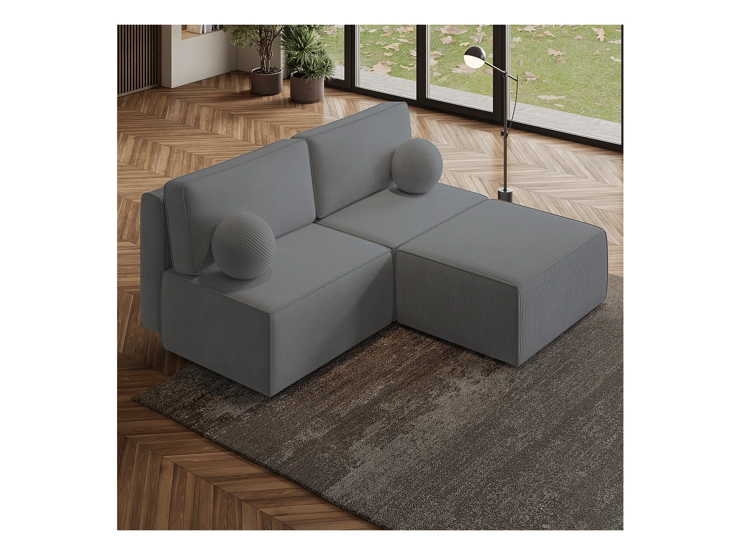 Canapé d'angle VARNA Gris en velours côtelé avec fonction de couchage