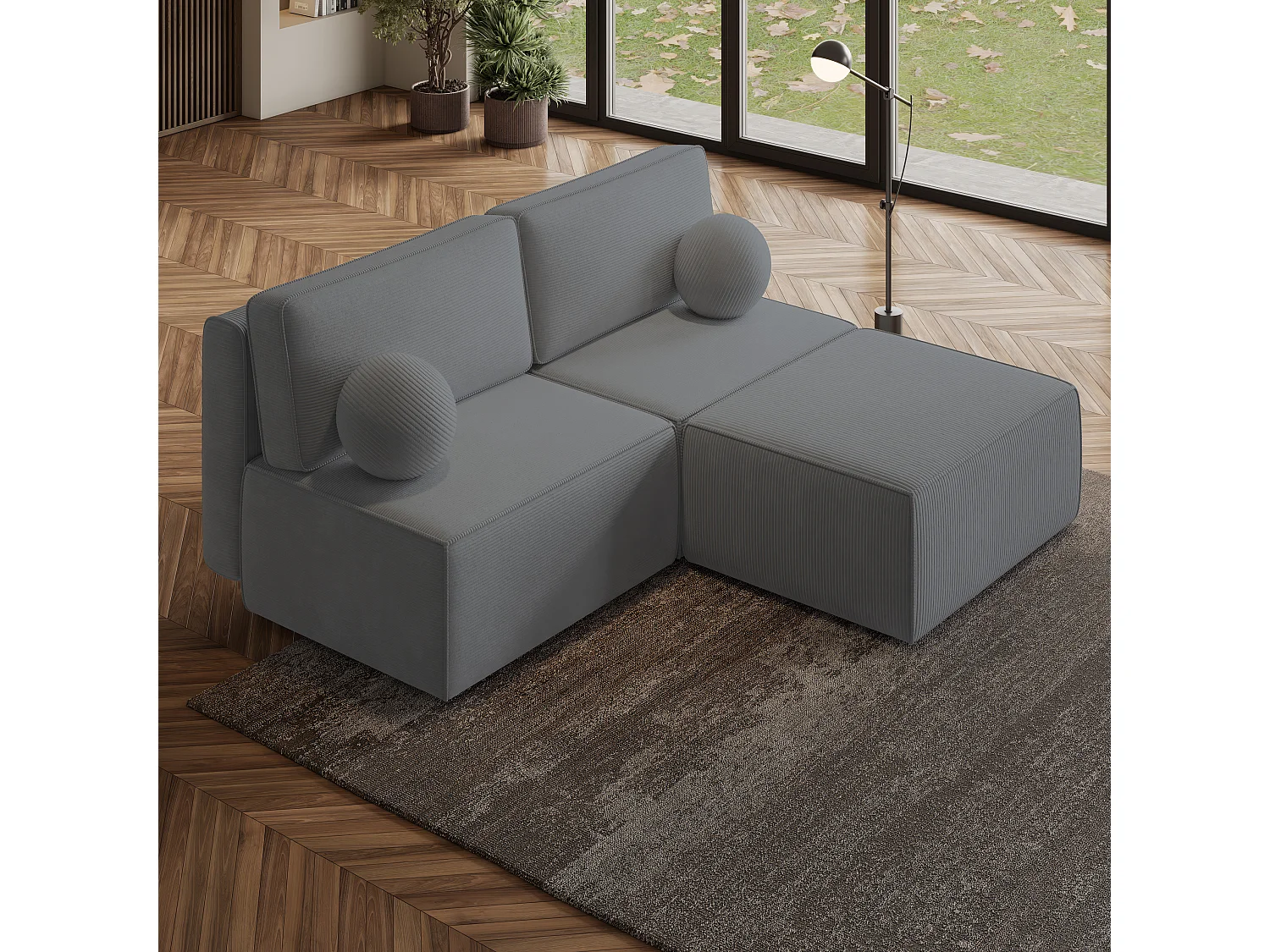 Canapé d'angle VARNA Gris en velours côtelé avec fonction de couchage