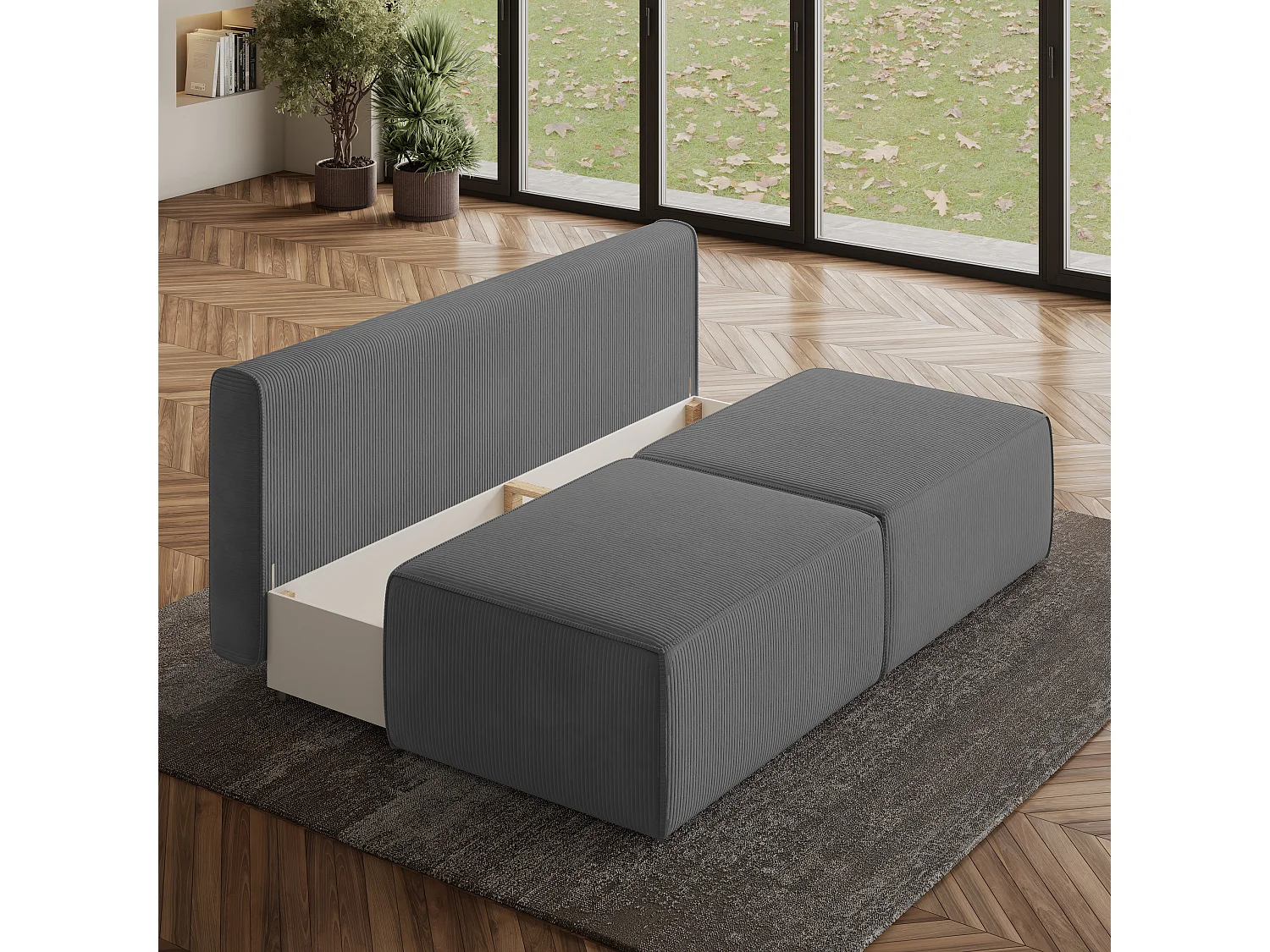 Canapé d'angle VARNA Gris en velours côtelé avec fonction de couchage