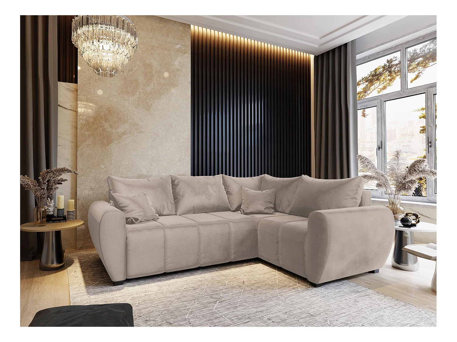 Canapé d'angle MADISON Beige en peluche avec fonction de couchage