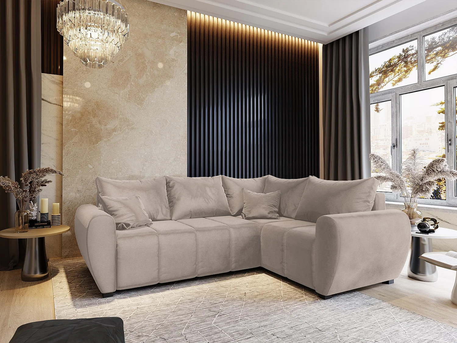 Canapé d'angle MADISON Beige en peluche avec fonction de couchage