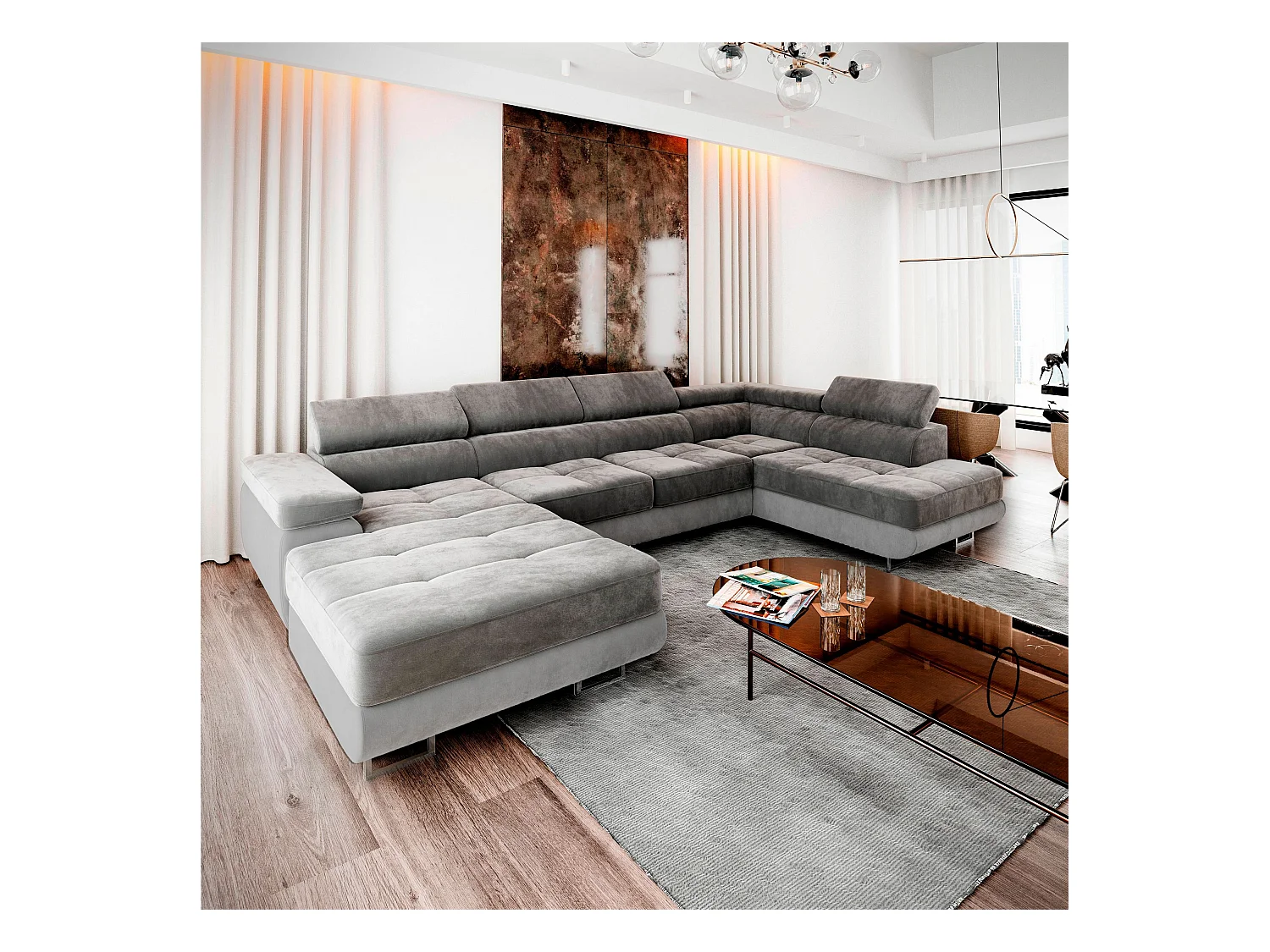 Canapé d'angle CASONE Gris en velours avec fonction de couchage