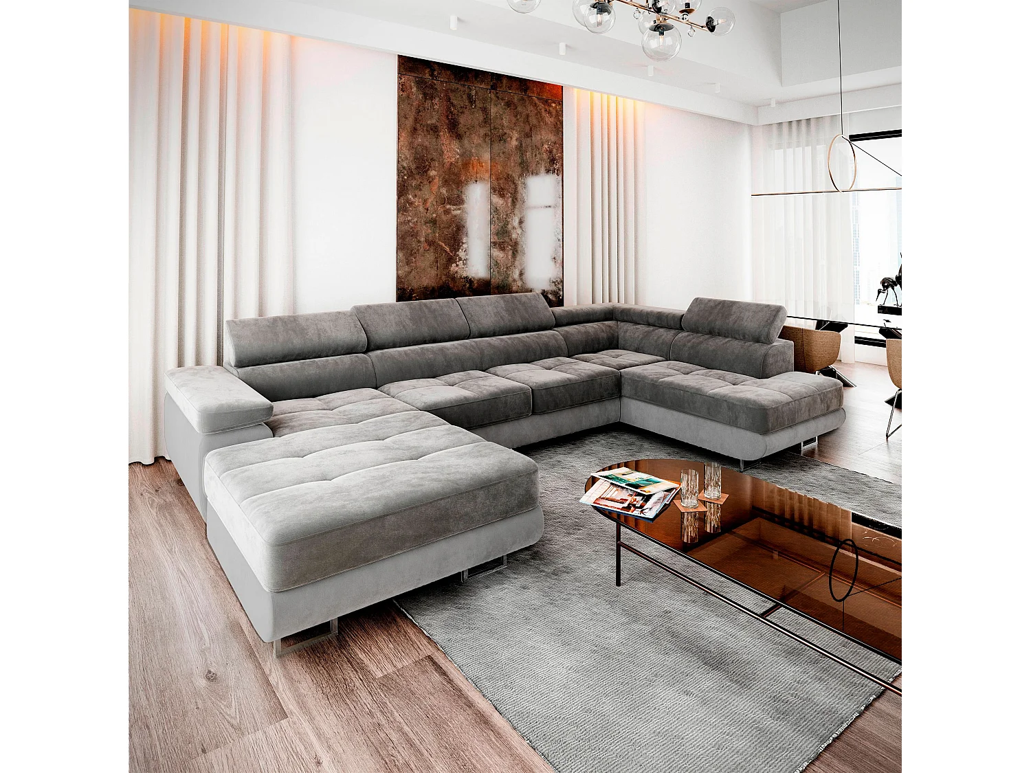 Canapé d'angle CASONE Gris en velours avec fonction de couchage