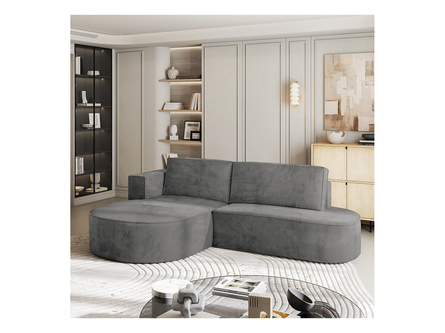 Canapé d'angle CORTIO Gris en velours avec fonction de couchage