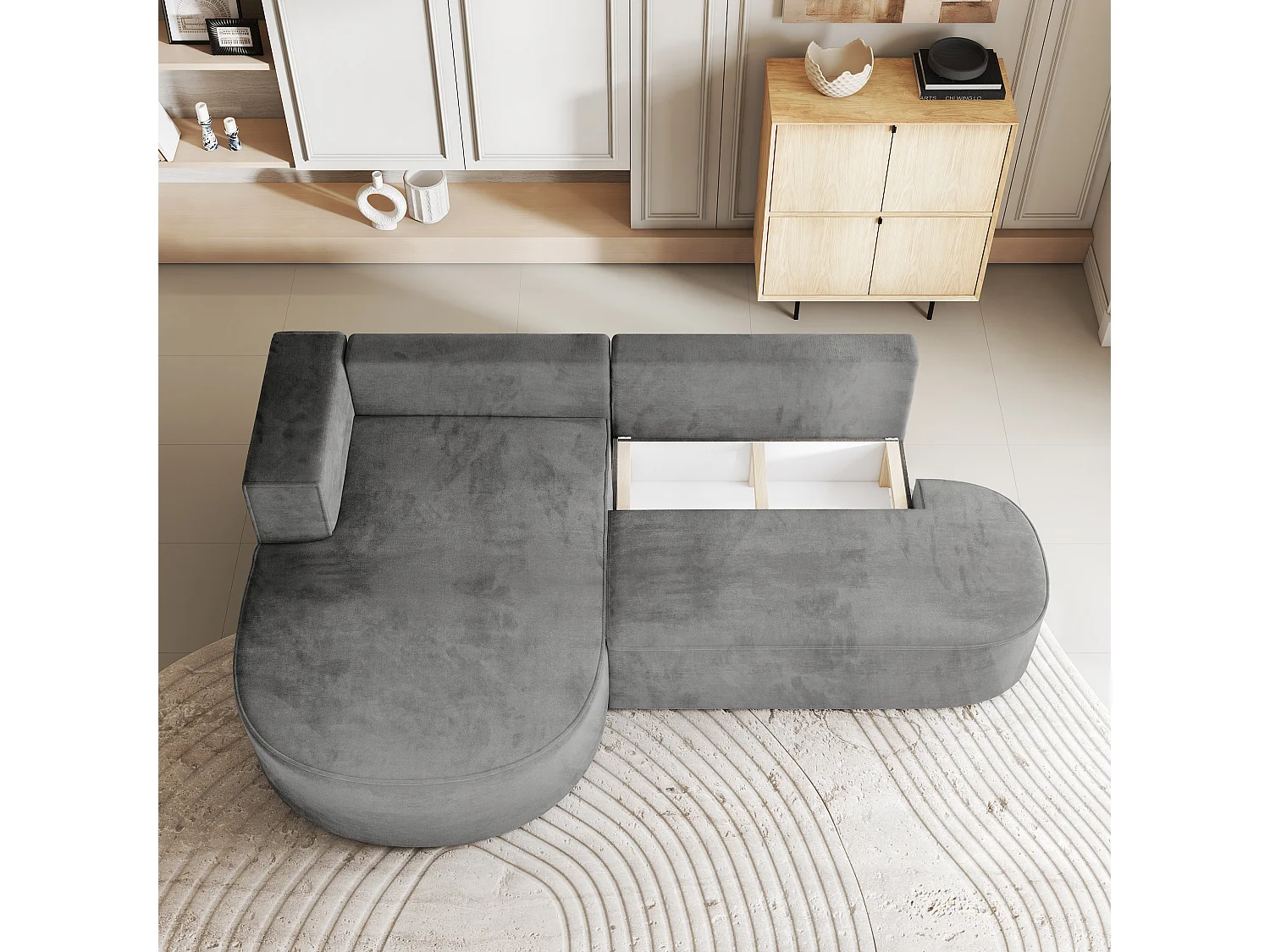 Canapé d'angle CORTIO Gris en velours avec fonction de couchage