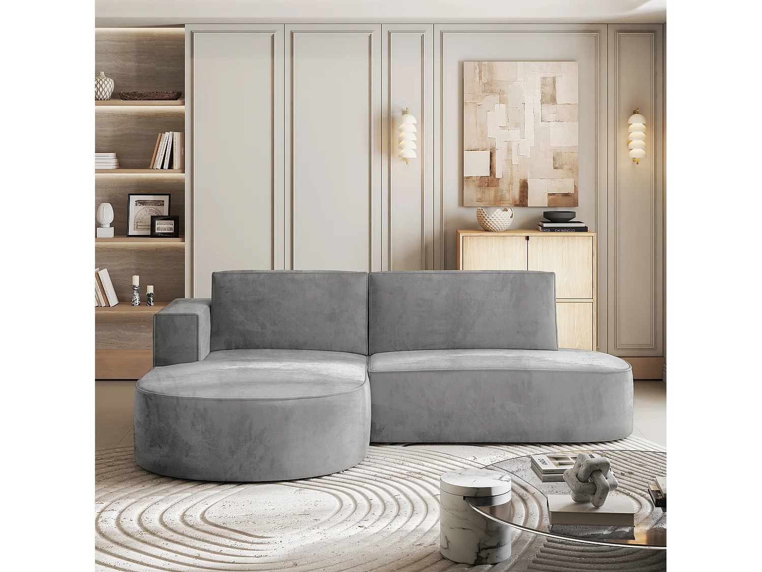 Canapé d'angle CORTIO Gris en velours avec fonction de couchage