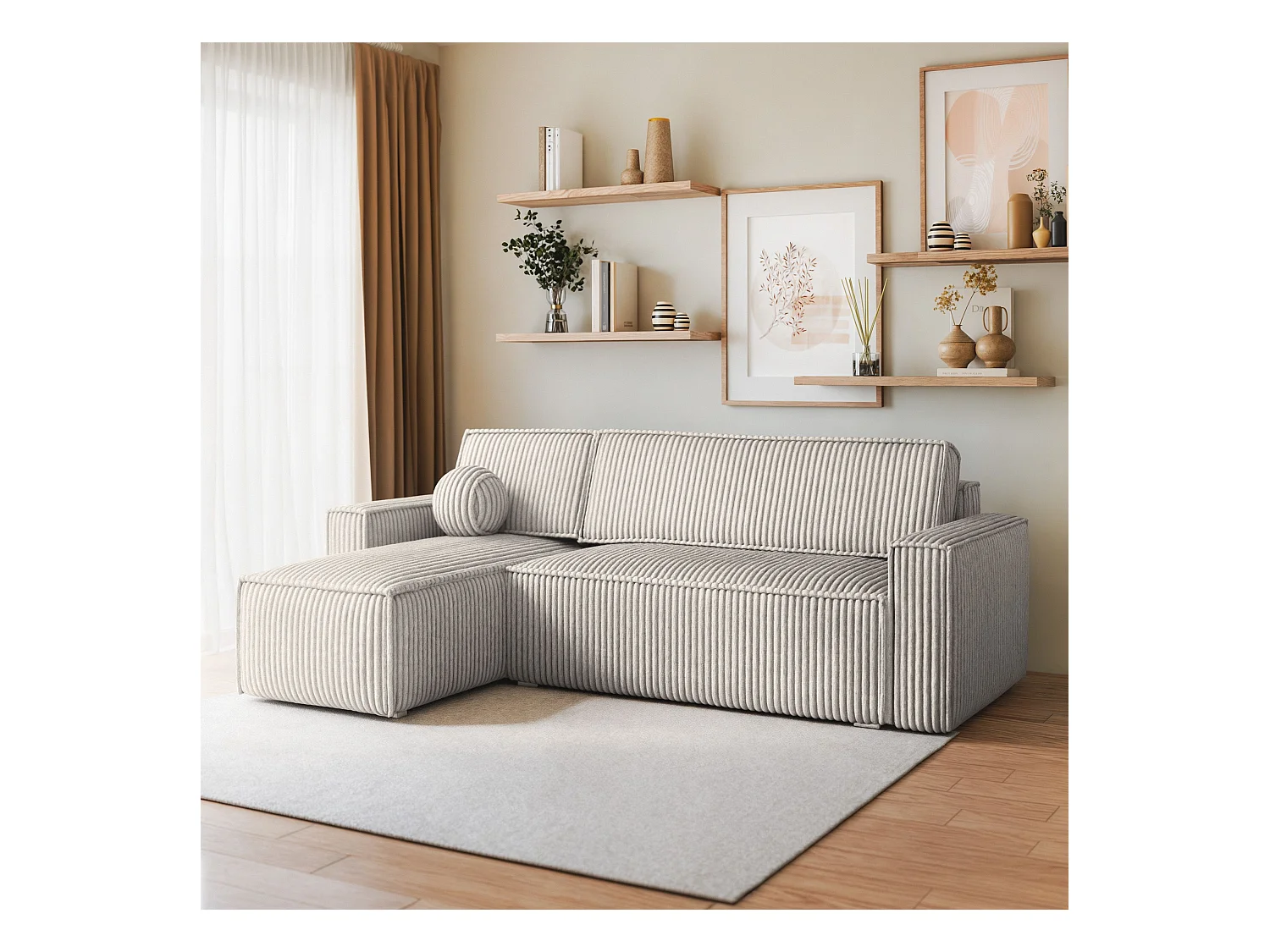 Canapé d'angle RAVELO Gris clair en velours côtelé avec fonction de couchage