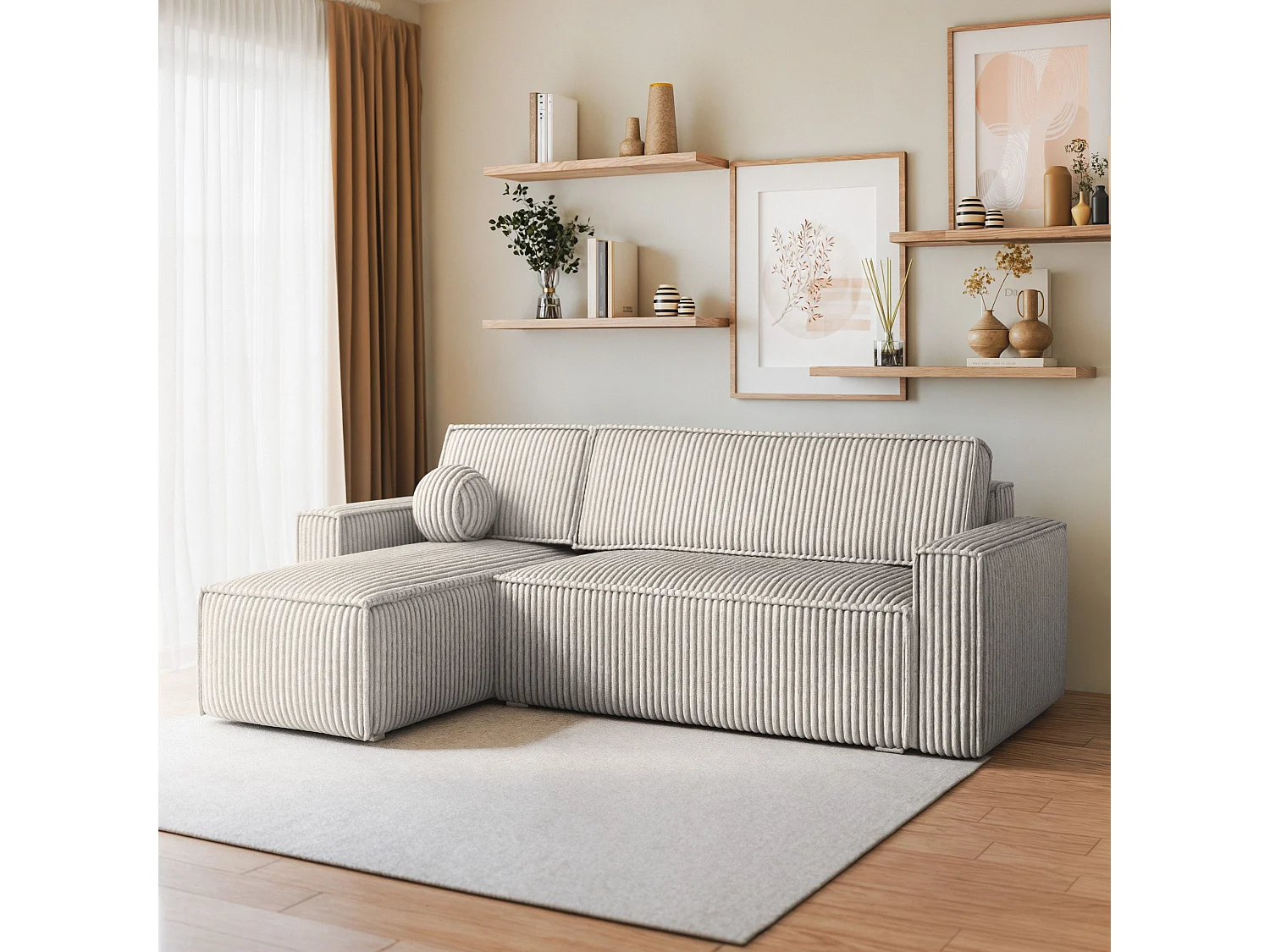 Canapé d'angle RAVELO Gris clair en velours côtelé avec fonction de couchage