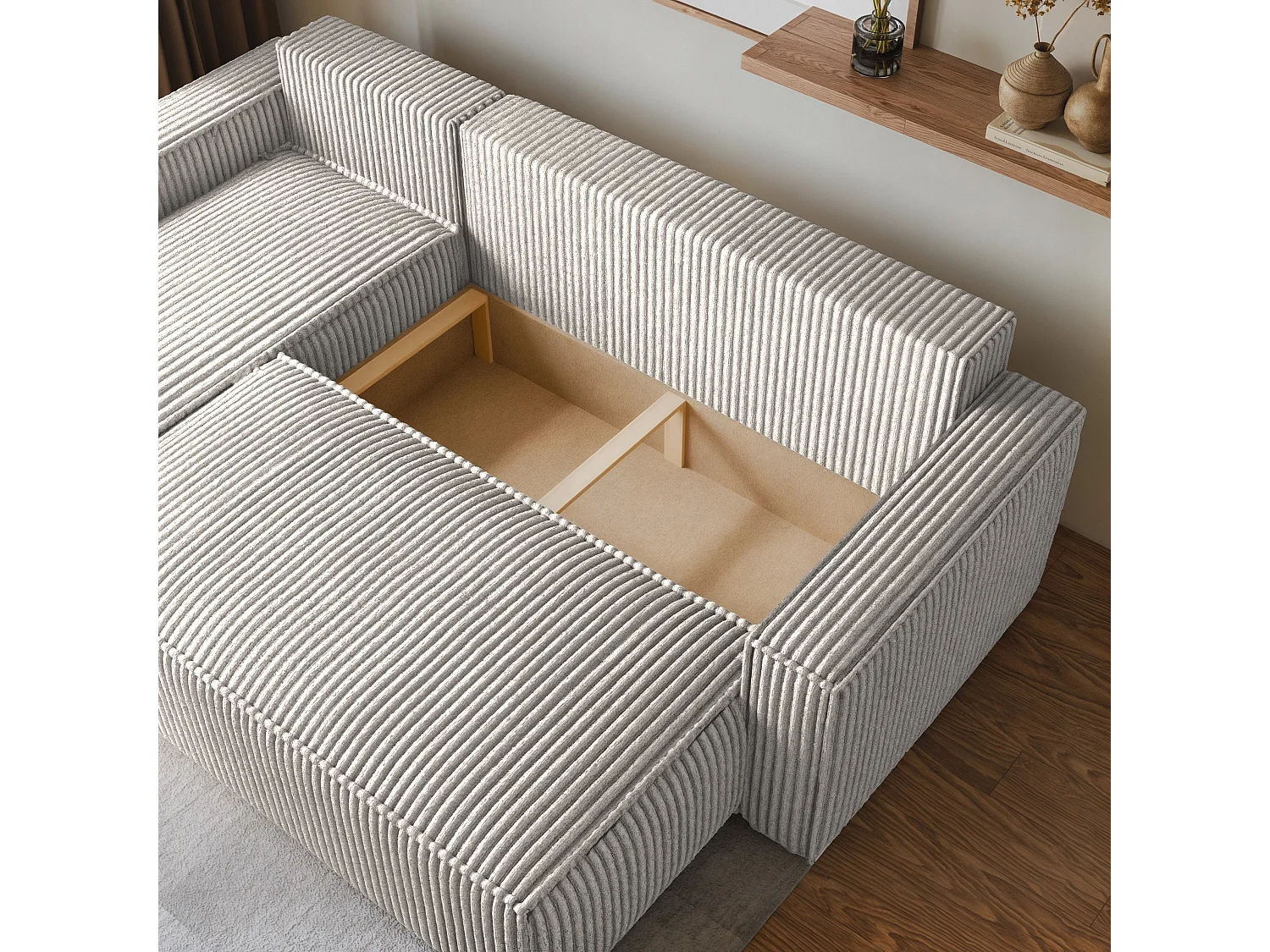 Canapé d'angle RAVELO Gris clair en velours côtelé avec fonction de couchage