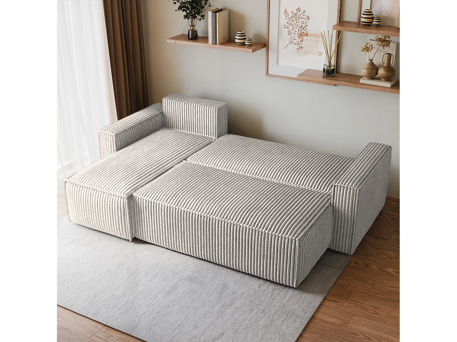 Canapé d'angle RAVELO Gris clair en velours côtelé avec fonction de couchage