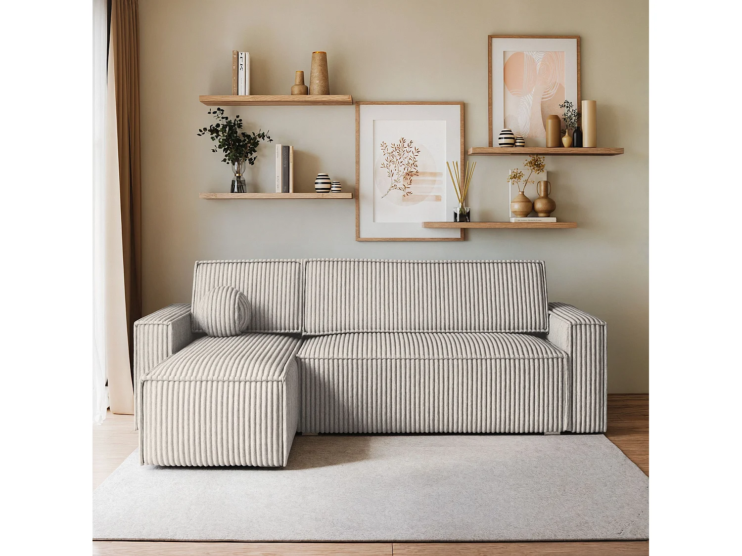 Canapé d'angle RAVELO Gris clair en velours côtelé avec fonction de couchage