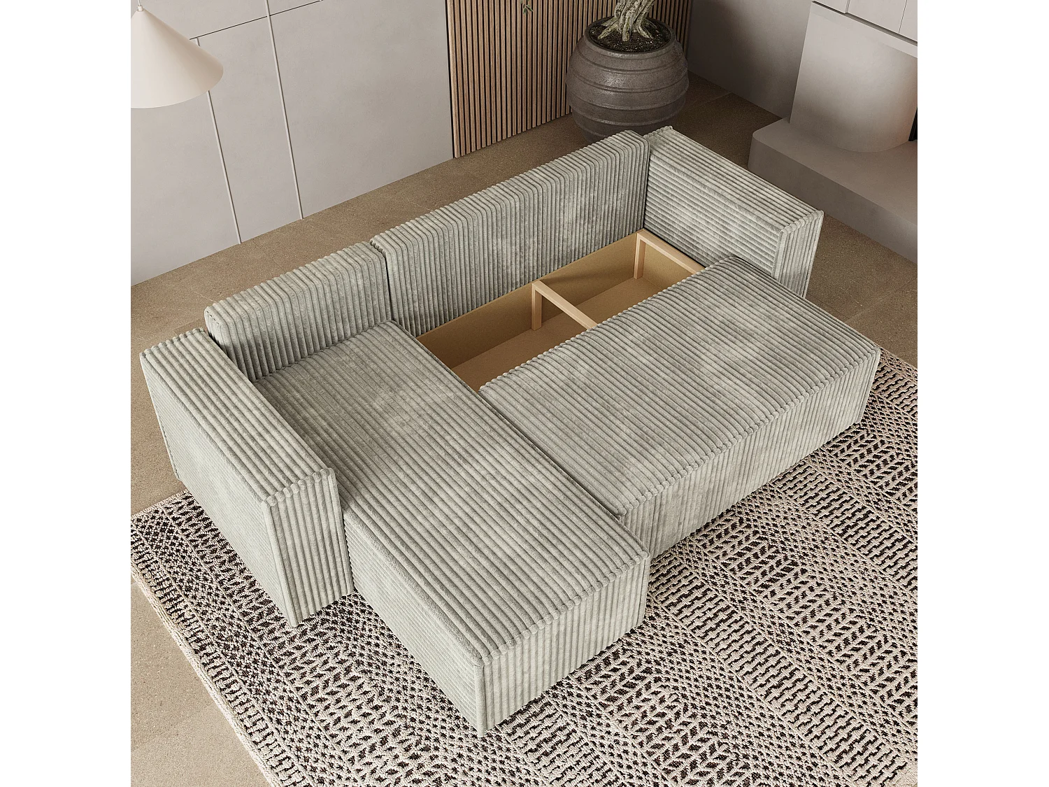 Hoekbank RAVELO van fluweel met slaapfunctie Hellgrau