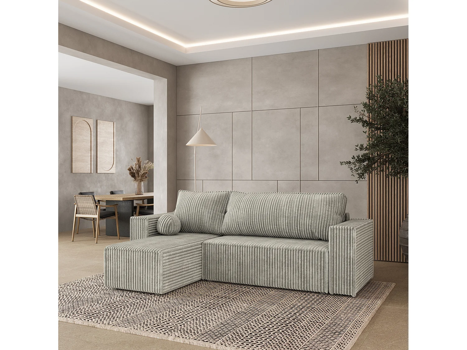 Canapé d'angle RAVELO Gris clair en velours côtelé avec fonction de couchage