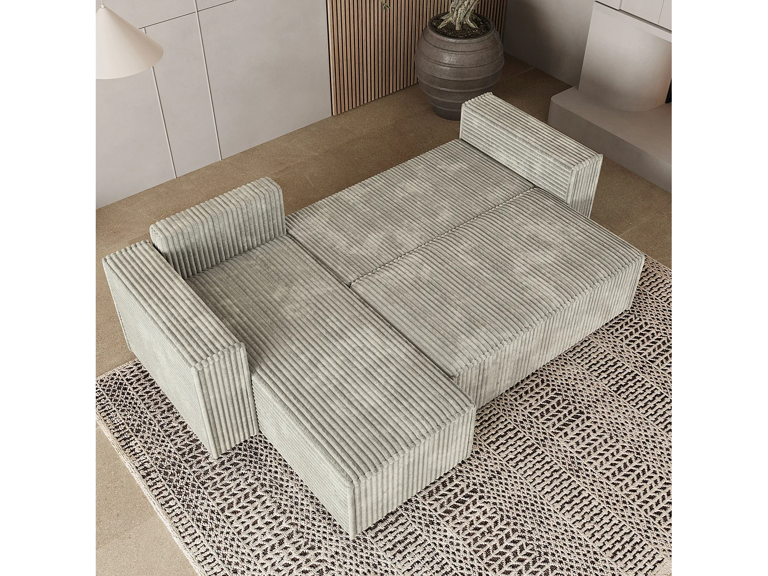 Canapé d'angle RAVELO Gris clair en velours côtelé avec fonction de couchage