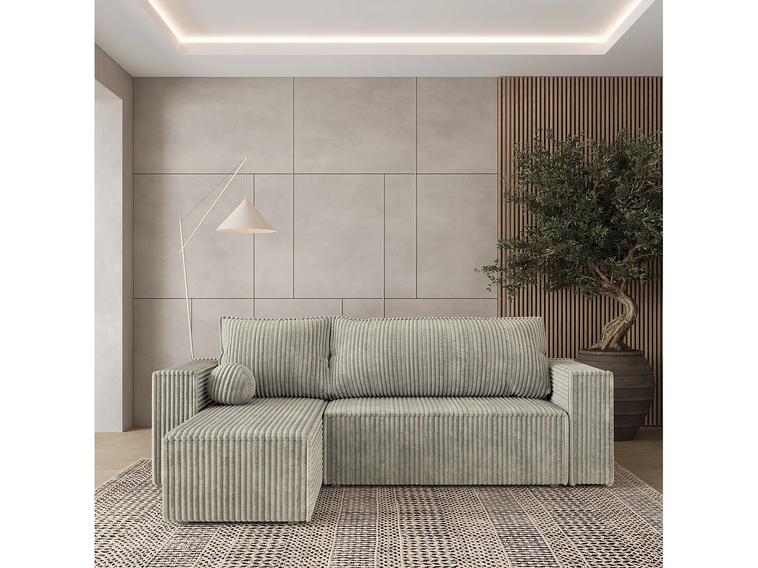 Canapé d'angle RAVELO Gris clair en velours côtelé avec fonction de couchage