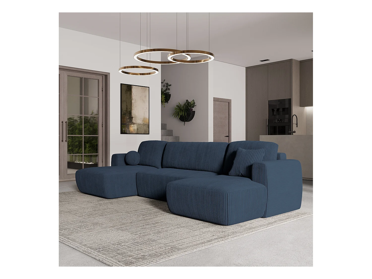 Canapé d'angle SENTUM Bleu en velours côtelé avec fonction de couchage