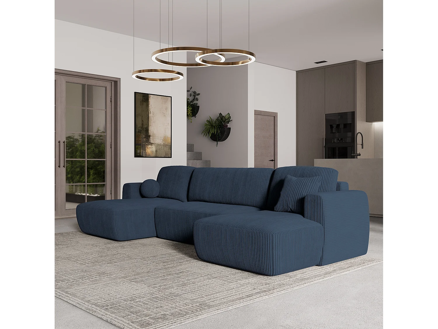 Canapé d'angle SENTUM Bleu en velours côtelé avec fonction de couchage