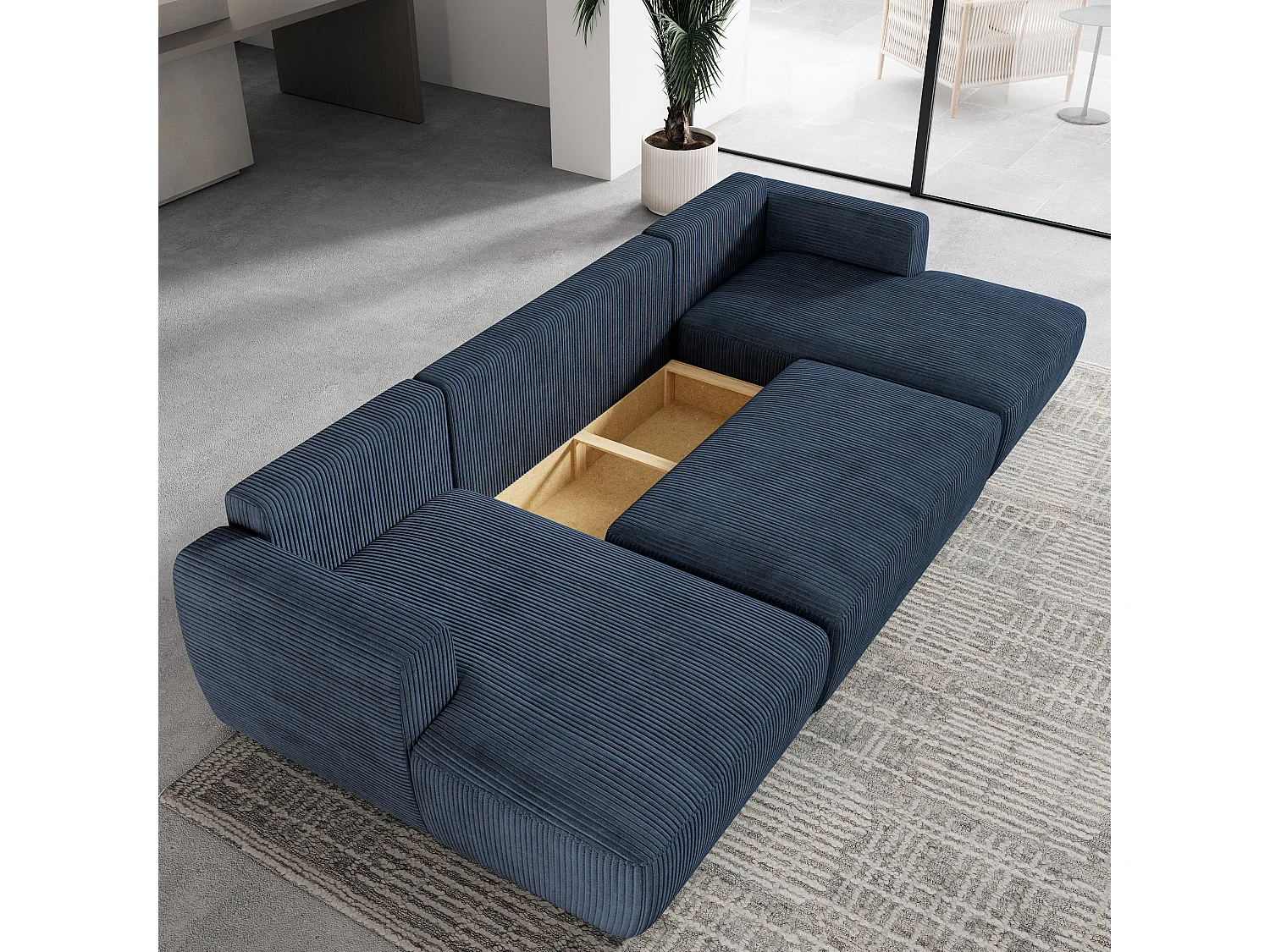 Canapé d'angle SENTUM Bleu en velours côtelé avec fonction de couchage