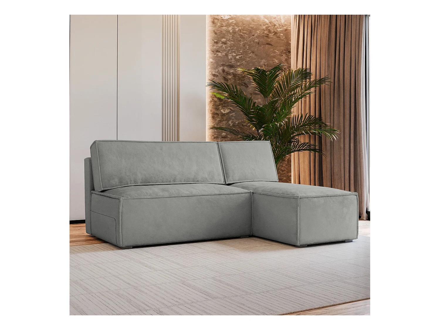 Canapé d'angle BRISO Gris clair en velours avec fonction de couchage