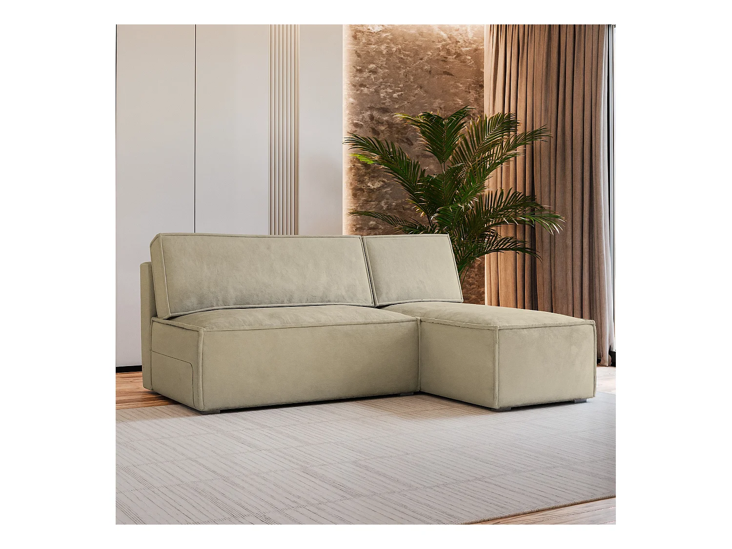 Canapé d'angle BRISO Crème en velours avec fonction de couchage