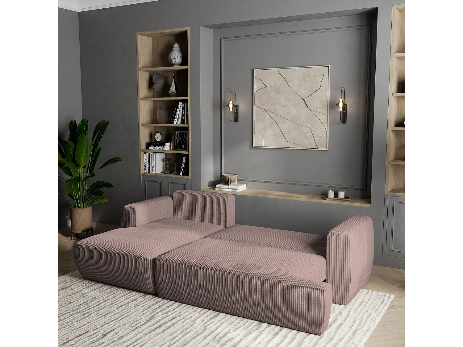 Canapé d'angle SENTI Parme en velours côtelé avec fonction de couchage