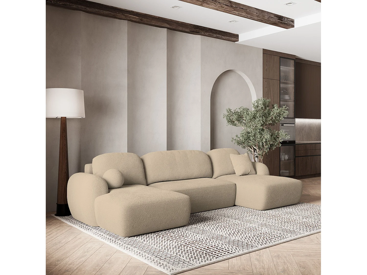 Canapé d'angle SAVONA Crème en bouclé avec fonction de couchage