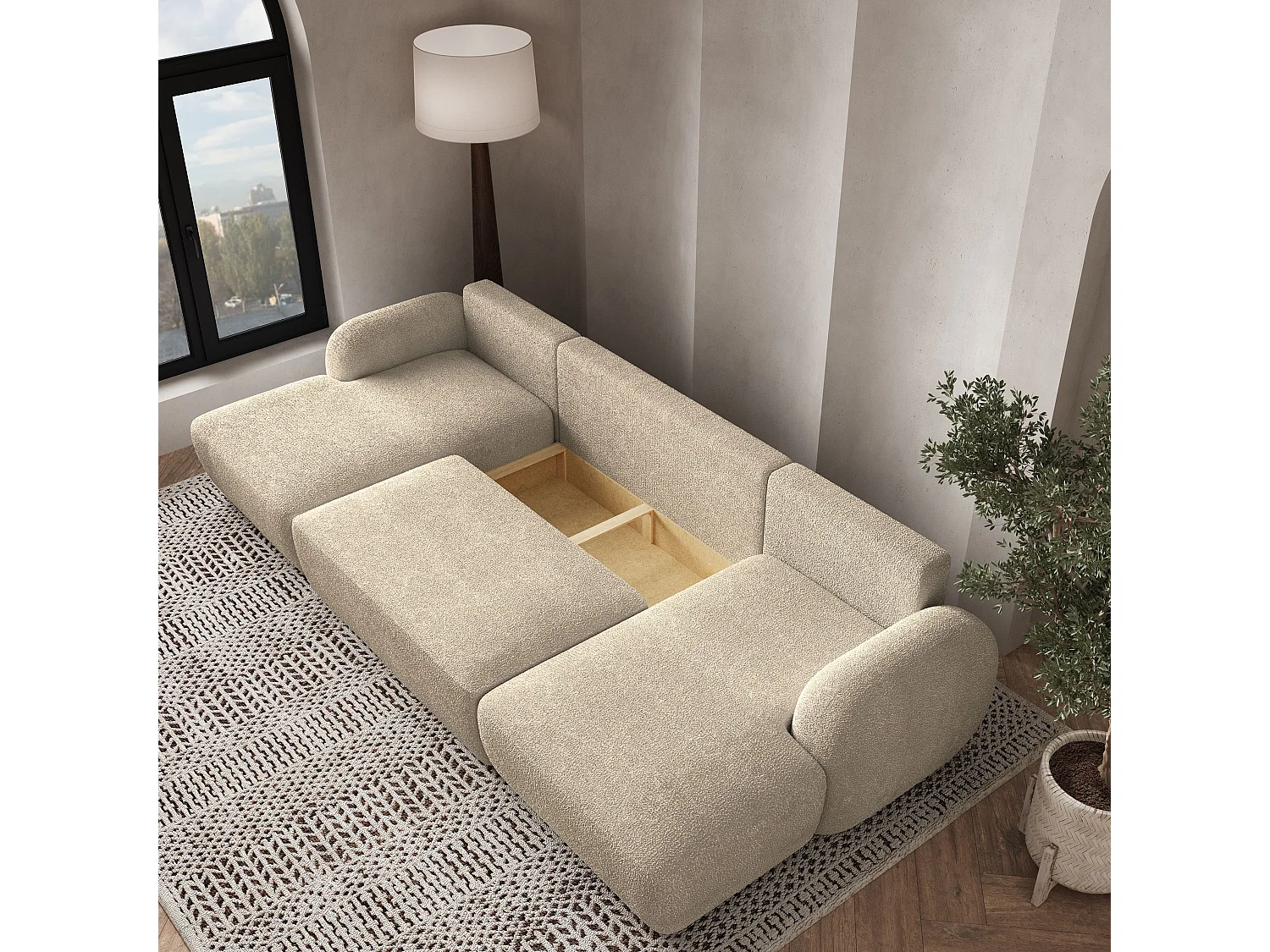 Canapé d'angle SAVONA Crème en bouclé avec fonction de couchage