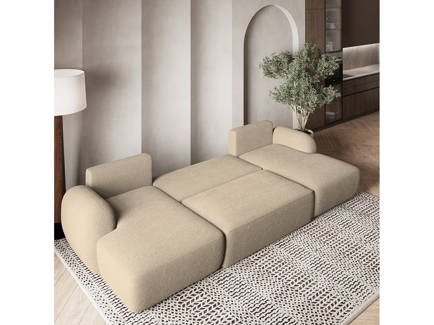 Canapé d'angle SAVONA Crème en bouclé avec fonction de couchage