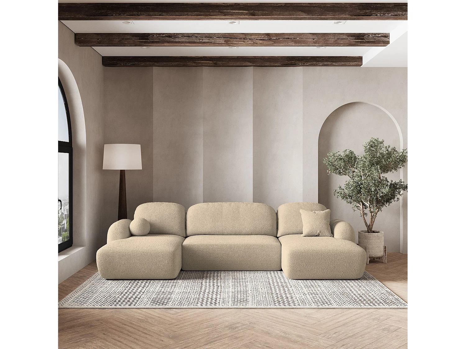 Canapé d'angle SAVONA Crème en bouclé avec fonction de couchage