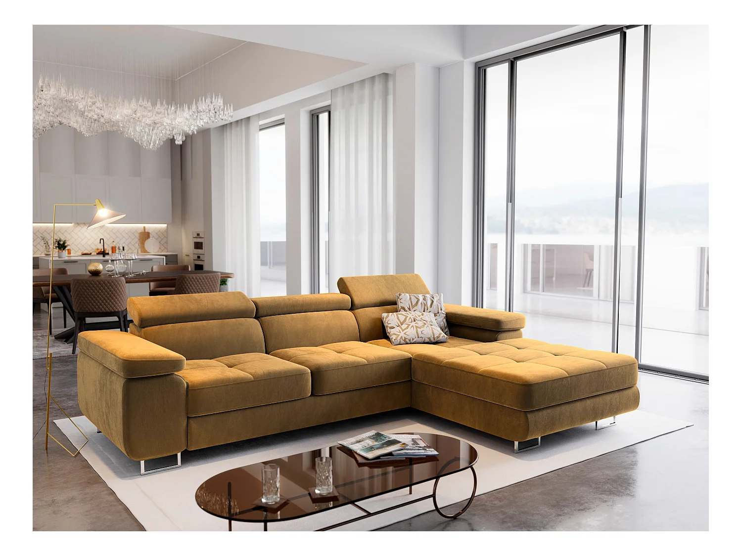 Canapé d'angle ELMA Jaune en velours avec fonction de couchage