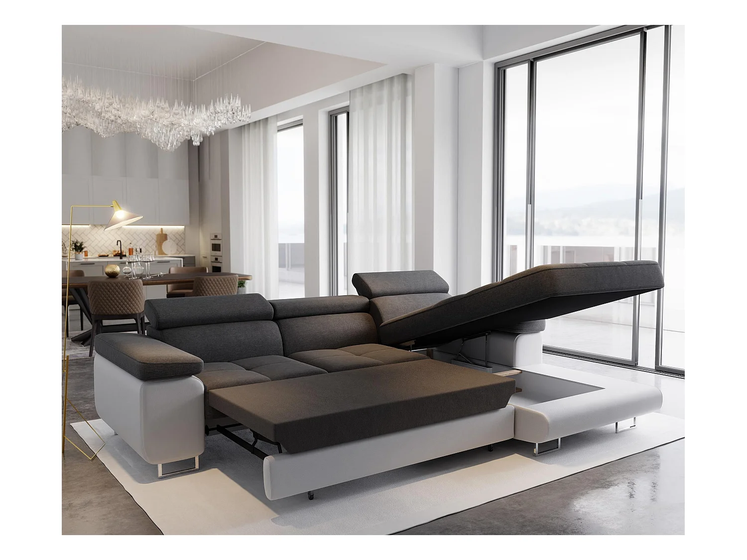 Canapé d'angle ELMA Jaune en velours avec fonction de couchage