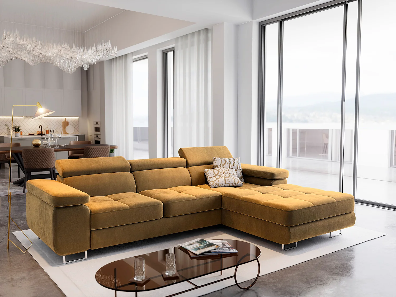 Canapé d'angle ELMA Jaune en velours avec fonction de couchage