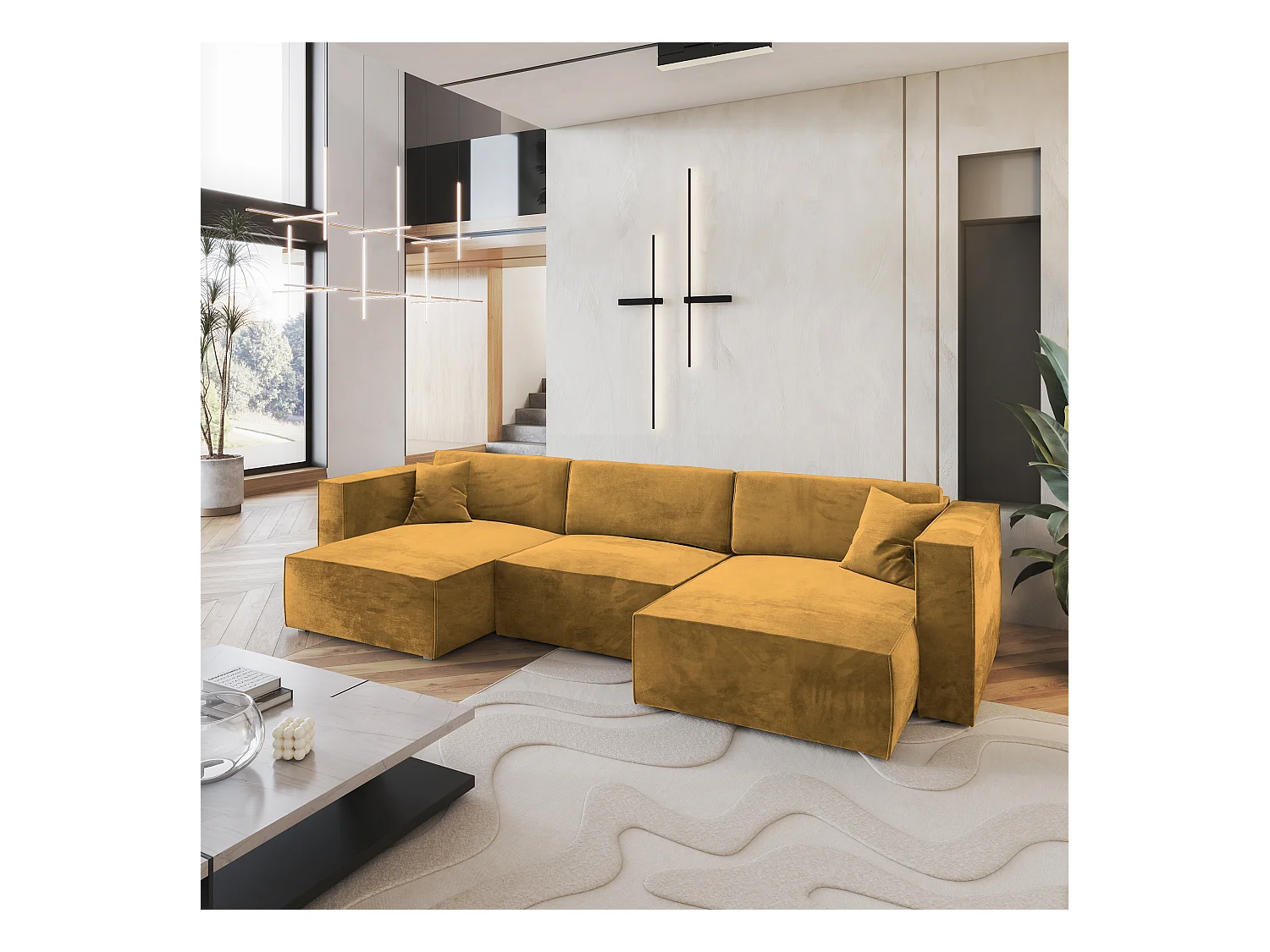 Canapé d'angle SARMO Jaune en velours avec fonction de couchage