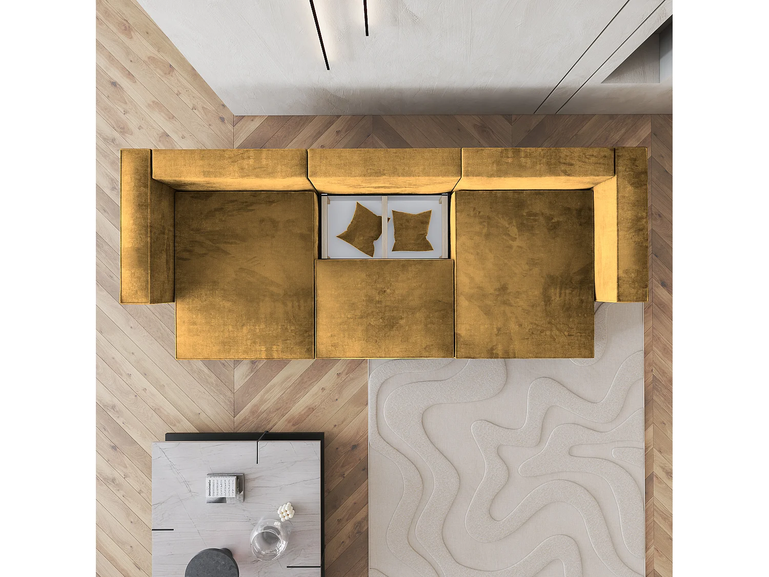 Canapé d'angle SARMO Jaune en velours avec fonction de couchage